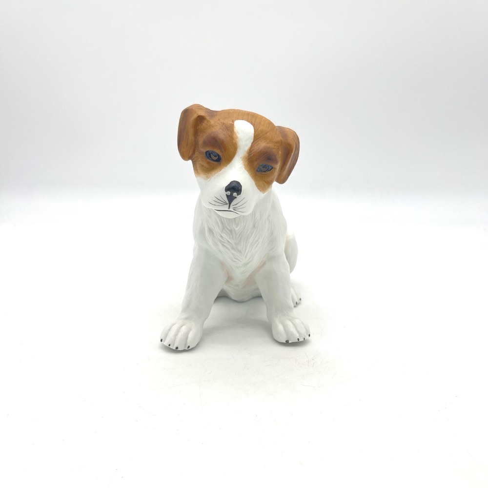 Vintage Jack Russell Terrier Puppy Ceramic Figurine White Brown Sitting Dog 5in